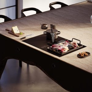 Modernes BORA Induktionskochfeld mit integriertem Kochfeldabzug, effektive Dampfabsaugung direkt am Kochfeld, minimalistisches Design, präzises Kochen und klare Linien für eine hochwertige Küchenästhetik.